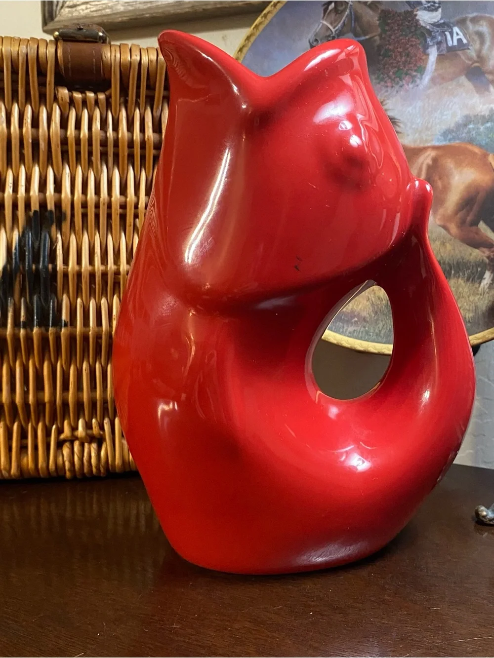 GurglePot Red Ceramic Fish Pitcher 2006 Vase 9.5